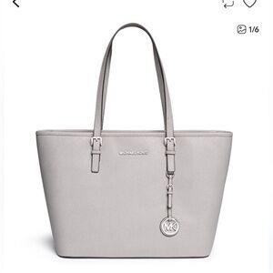 Michael Kors Jet Set Medium Saffiano Leather Travel Tote Pearl Grey